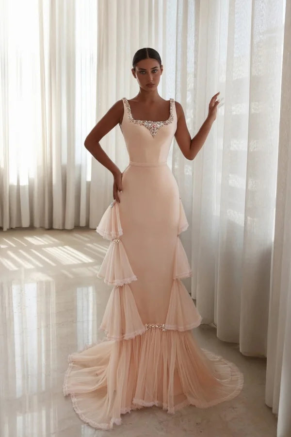 Elegant Straps Sleeveless Satin Tulle Mermaid Evening Dresses Backless Gem With Pleats