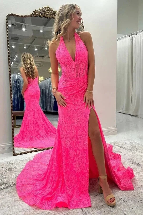 Dazzling Fuchsia V-Neck Halter Sleeveless Lace Evening Dresses Mermaid Zipper With High Split