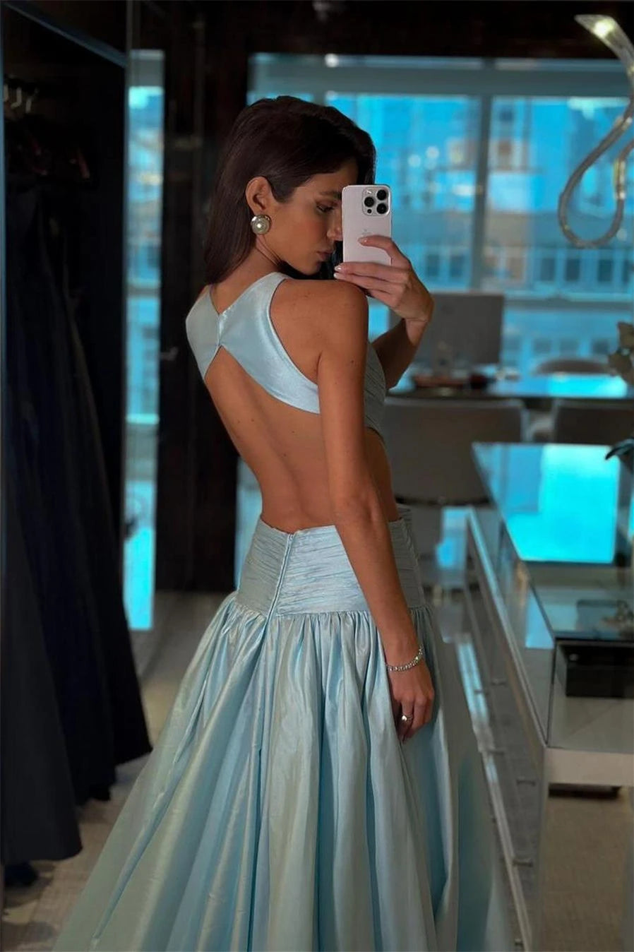 Charming Dusty Blue Sleeveless Satin Evening Dresses A-Line Backless With Pleats Zipper