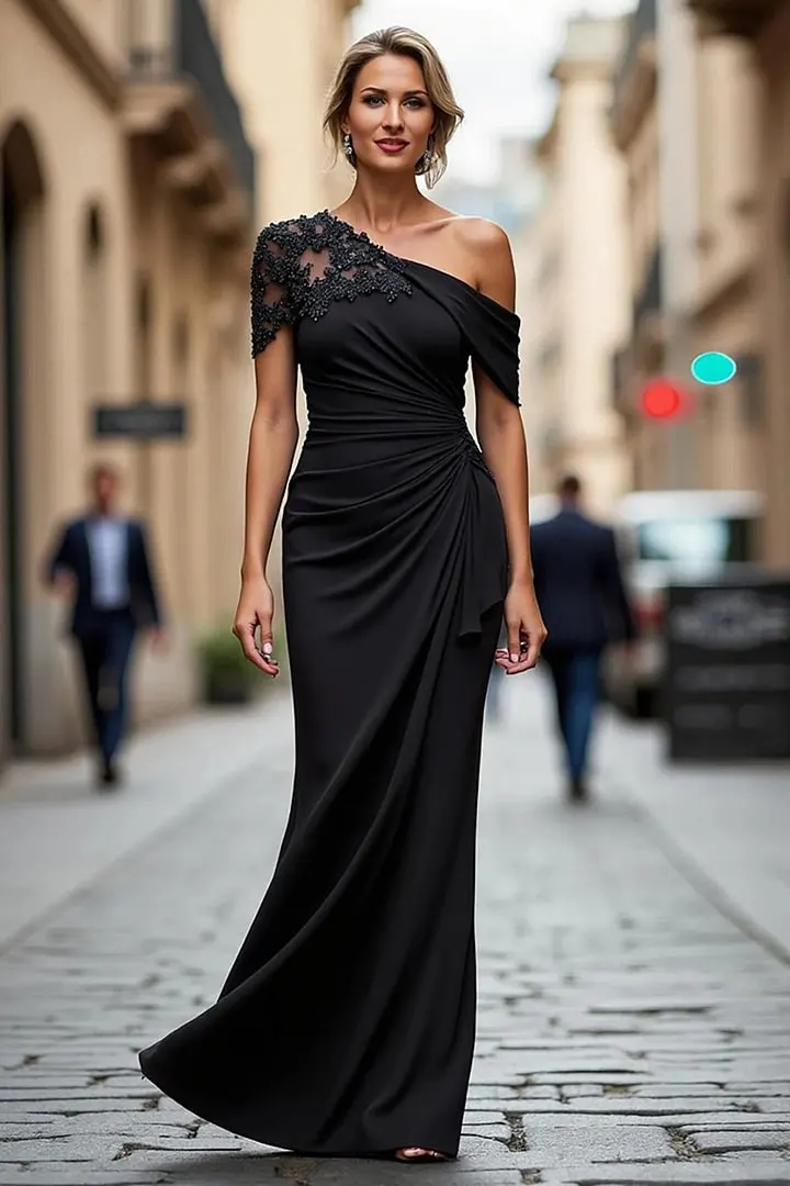 Elegant Black Asymmetrical Satin Evening Dresses Mermaid Sheath With Zipper