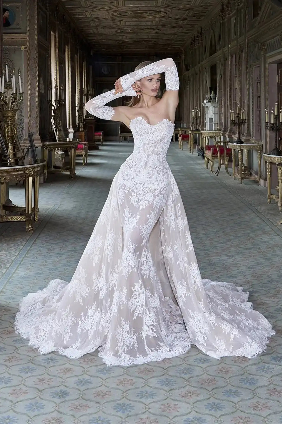 Glamorous Strapless Sleeveless Lace Mermaid Evening Dresses Column With Detachable Overskirt