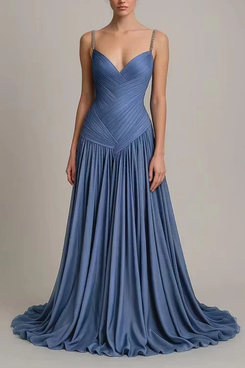 Dazzling Blue V-Neck Spaghetti-Straps Sleeveless Evening Dresses A-Line Pleats With Lace-Up Back