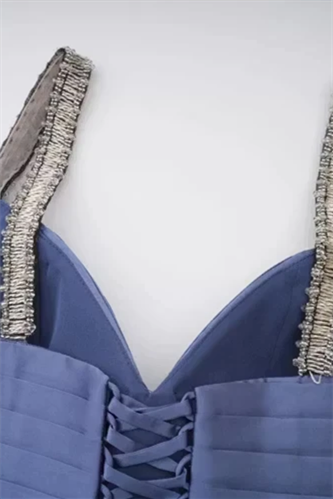 Dazzling Blue V-Neck Spaghetti-Straps Sleeveless Evening Dresses A-Line Pleats With Lace-Up Back