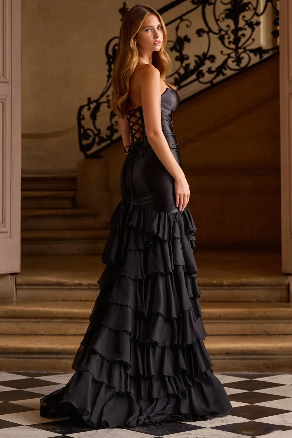Charming Black Sweetheart Strapless Sleeveless Mermaid Evening Dresses Sheath Layered With Lace-Up Back