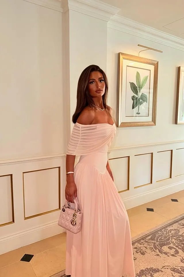 Pretty Pink Off The Shoulder Chiffon Evening Dresses Long With Pleats Zipper