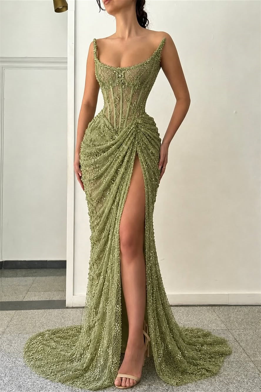 Dazzling Green Strapless Sleeveless Mermaid Evening Dresses Sheath With High Split