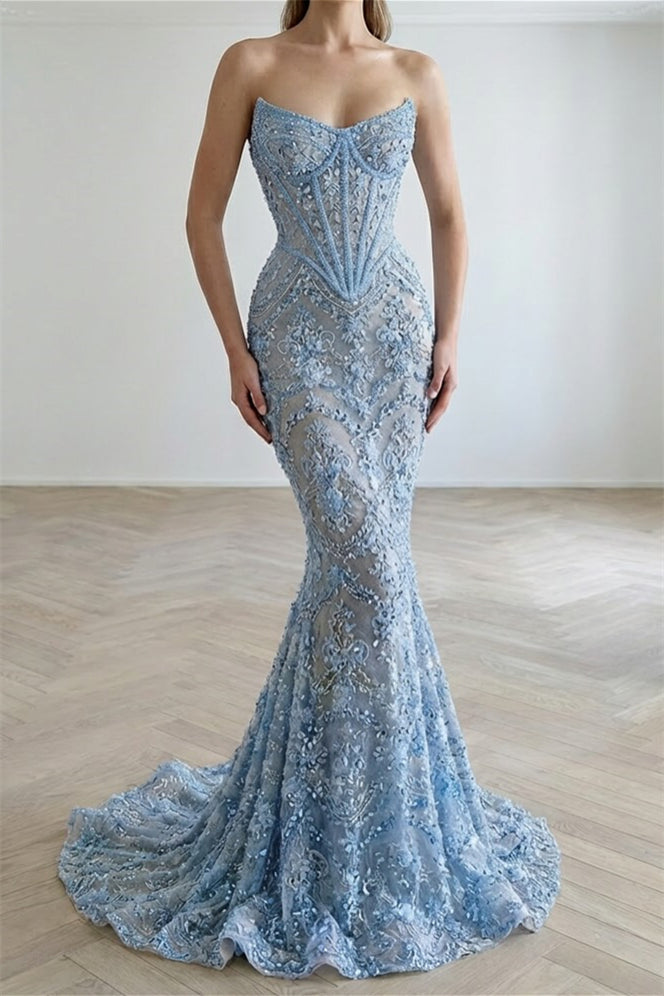 Dazzling Sky Blue Sweetheart Strapless Sleeveless Mermaid Evening Dresses Beads With Lace-Up Back