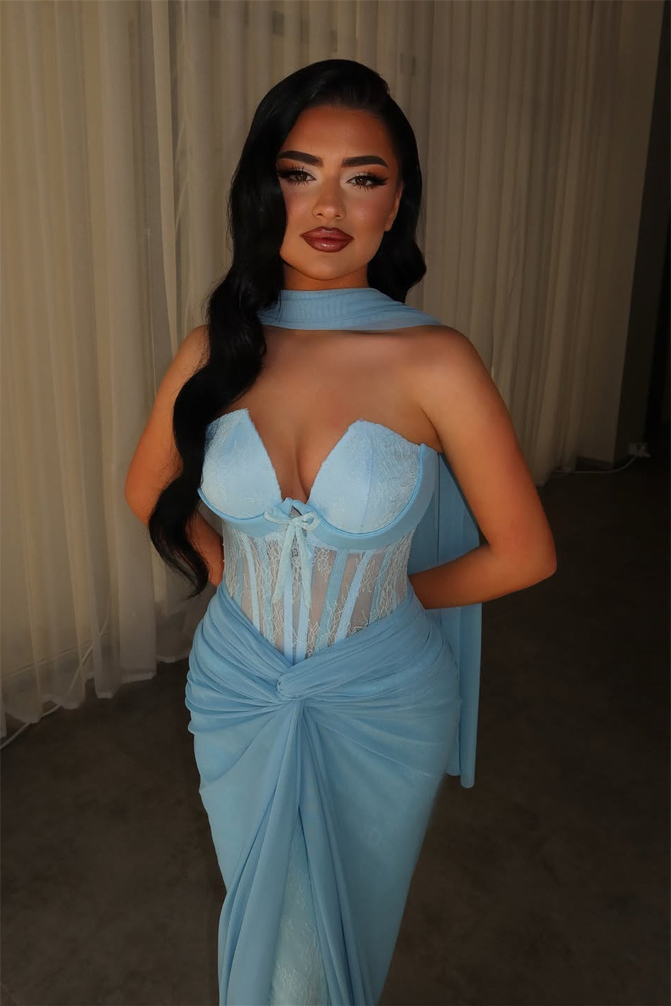 Glamorous Blue Strapless Sleeveless Lace Mermaid Evening Dresses Column With Pleats