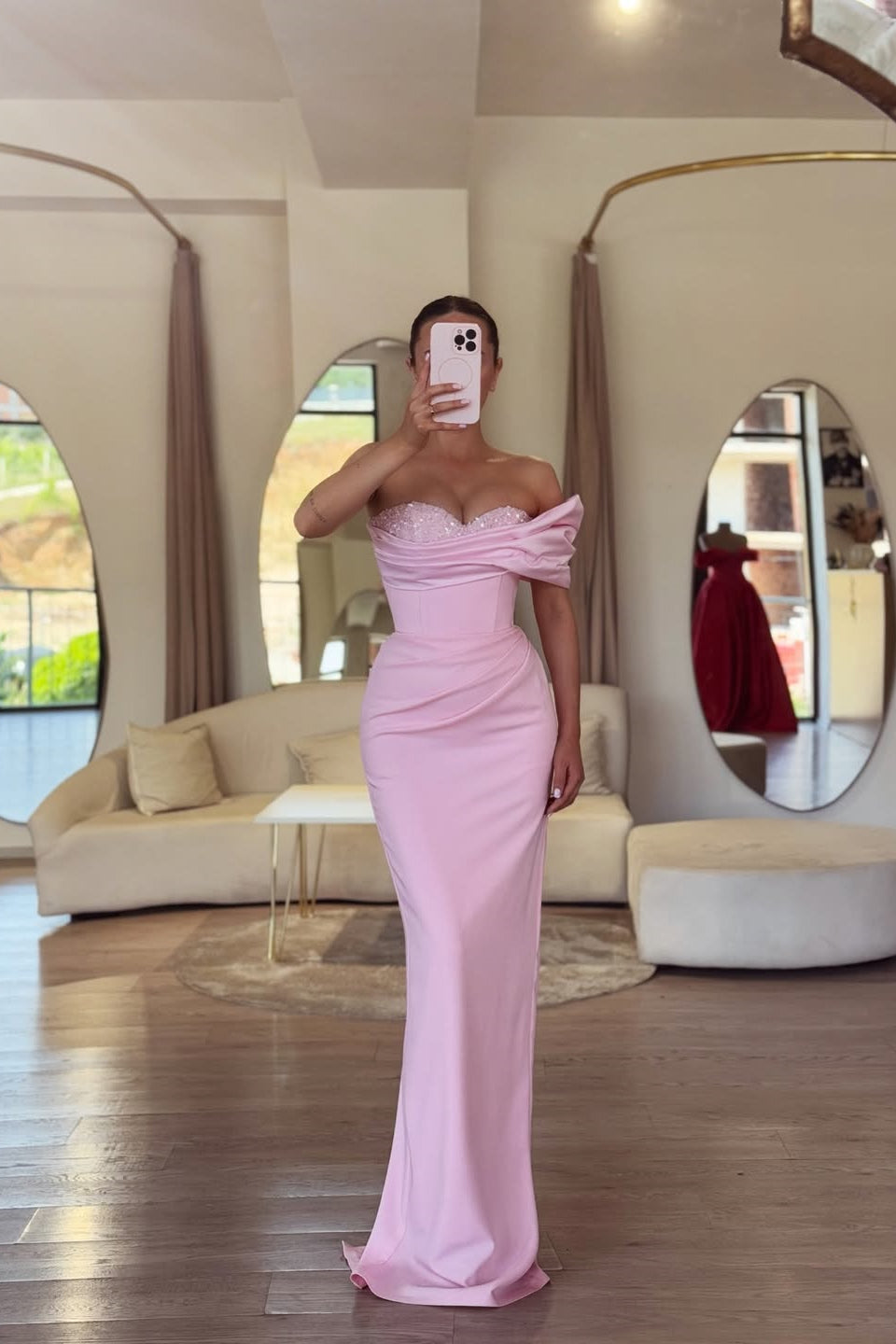 Dazzling Pink One Shoulder Satin Mermaid Evening Dresses Sheath With Beads