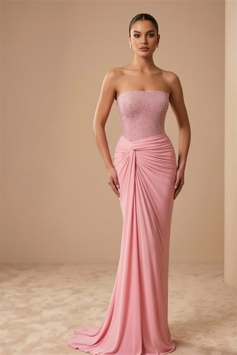 Glamorous Pink Strapless Sleeveless Mermaid Evening Dresses Sheath Sequins With Pleats
