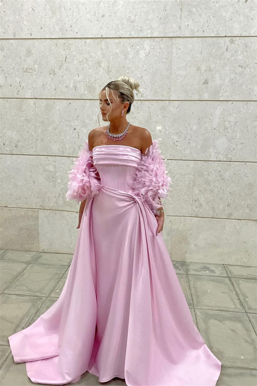 Timeless Pink Strapless Sleeveless Satin Evening Dresses Floor Length With Pleats Feather