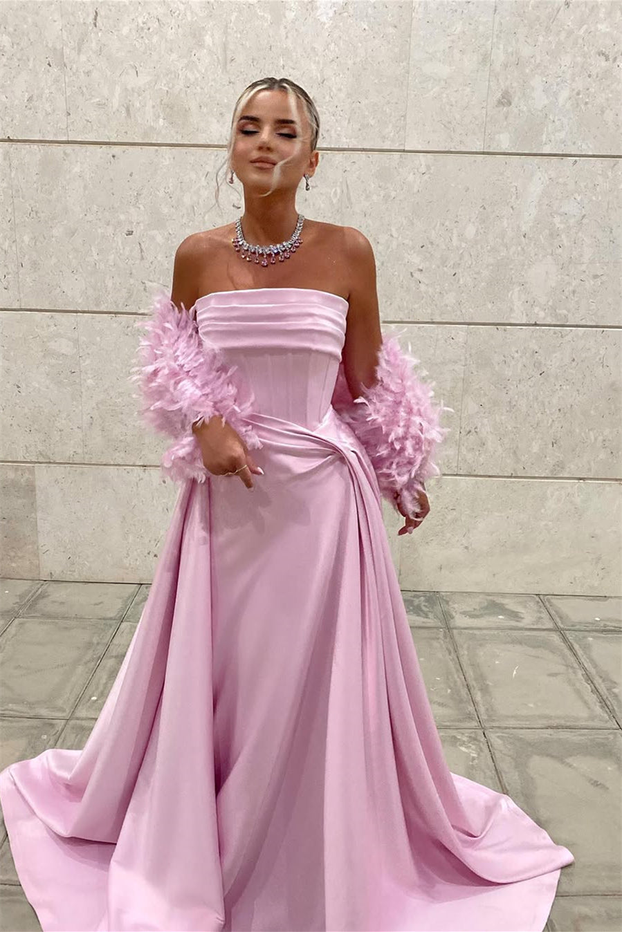 Timeless Pink Strapless Sleeveless Satin Evening Dresses Floor Length With Pleats Feather