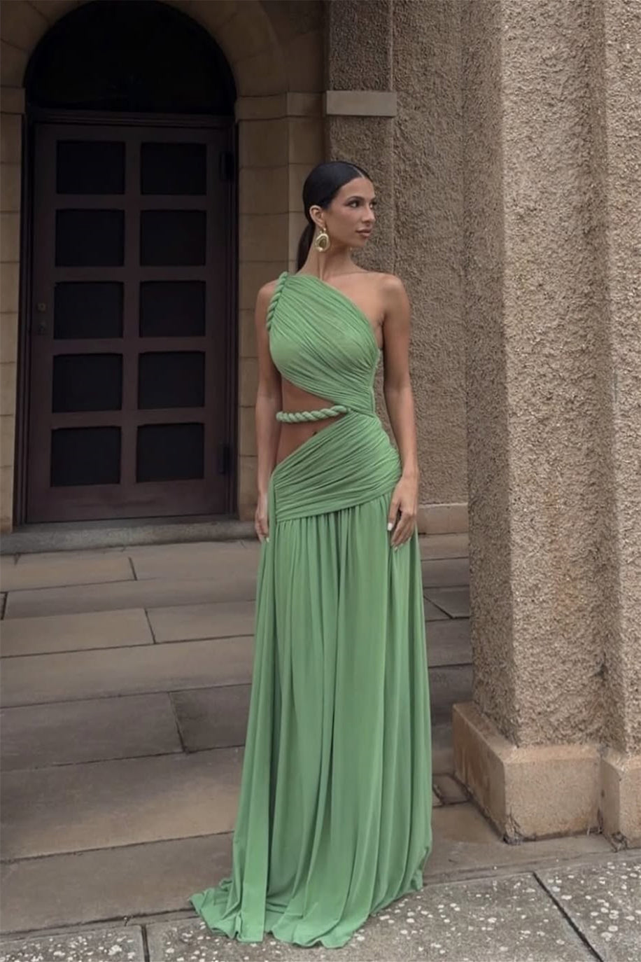 Glamorous Green One Shoulder Sleeveless Chiffon Evening Dresses Floor Length With Pleats