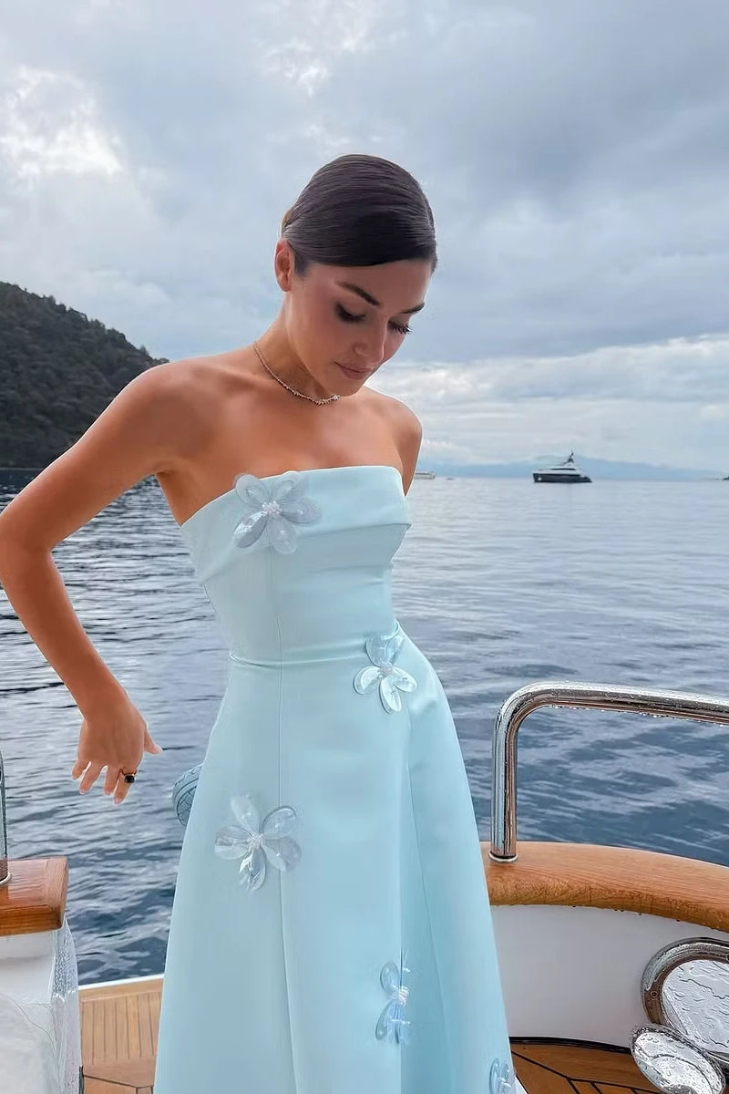 Charming Blue Strapless Sleeveless Satin Evening Dresses A-Line With Crystals