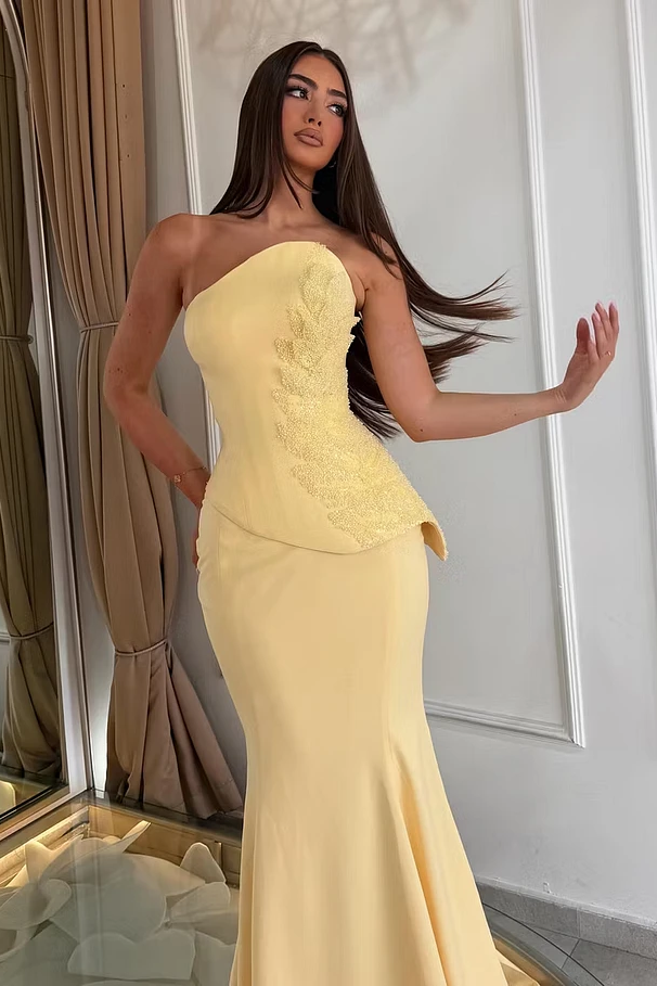 Dazzling Yellow Strapless Sleeveless Satin Mermaid Evening Dresses Column With Zipper