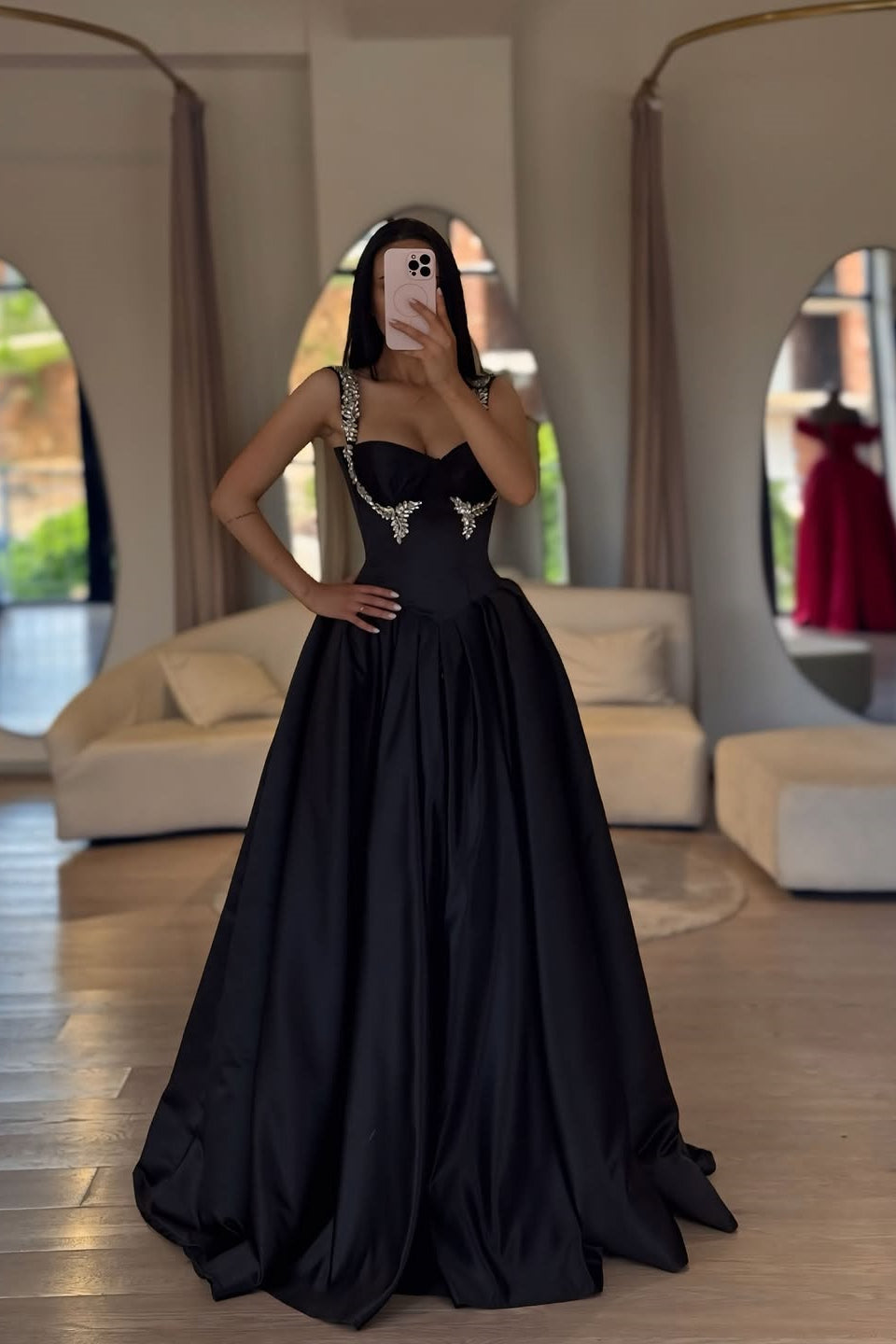 Elegant Black Sweetheart Straps Sleeveless Satin Evening Dresses A-Line Gem With Pleats