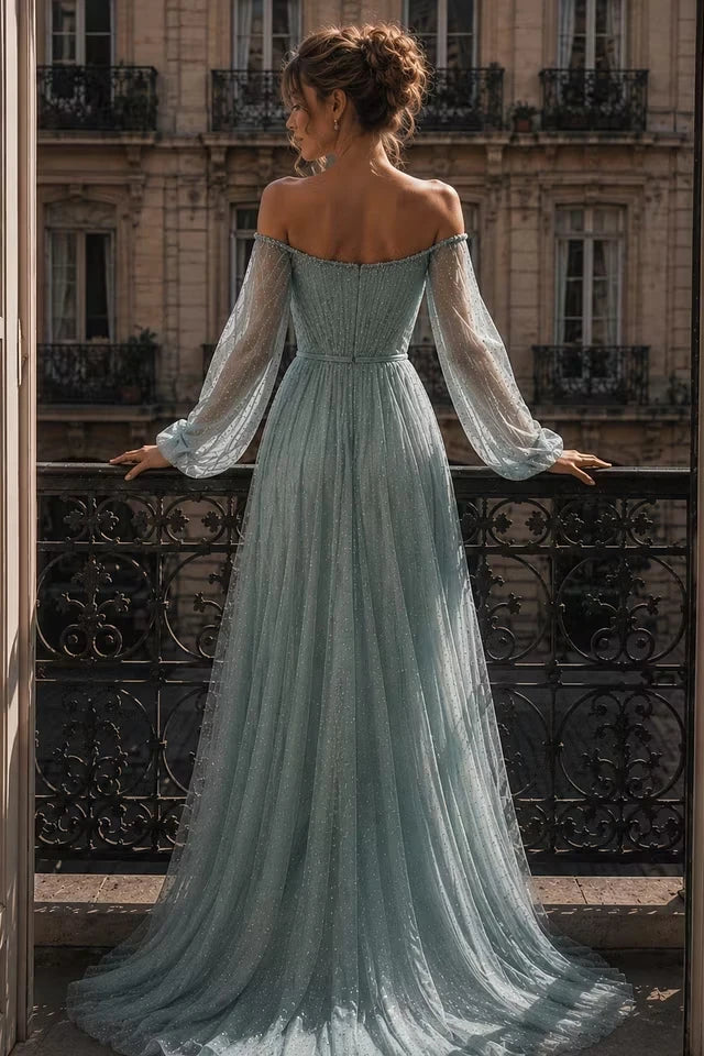 Chic Dusty Blue Off The Shoulder Long Sleeves Evening Dresses A-Line Gem With Zipper Pleats