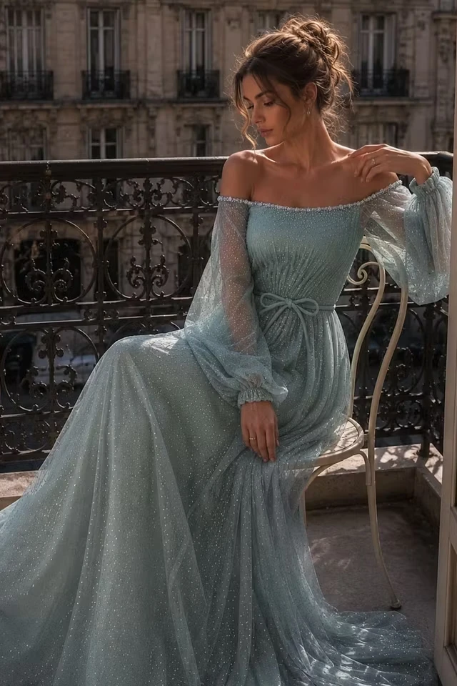 Chic Dusty Blue Off The Shoulder Long Sleeves Evening Dresses A-Line Gem With Zipper Pleats