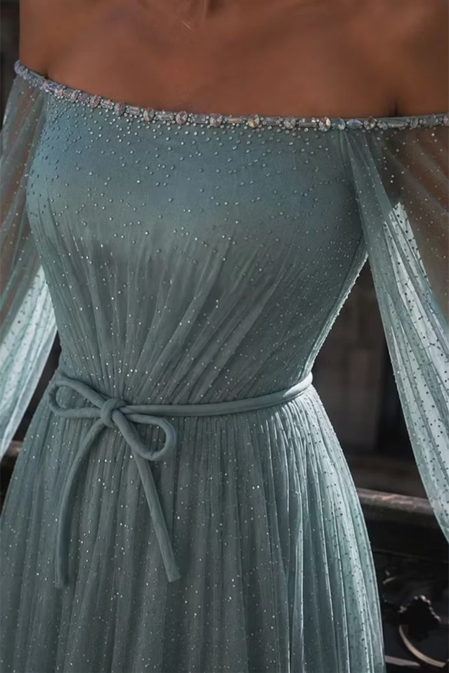 Chic Dusty Blue Off The Shoulder Long Sleeves Evening Dresses A-Line Gem With Zipper Pleats