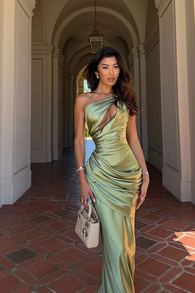 Charming Sage One Shoulder Sleeveless Satin Mermaid Evening Dresses Column With Lace-Up Back