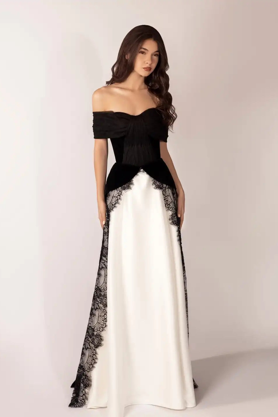 Timeless Black White Off The Shoulder Evening Dresses Floor Length With Pleats