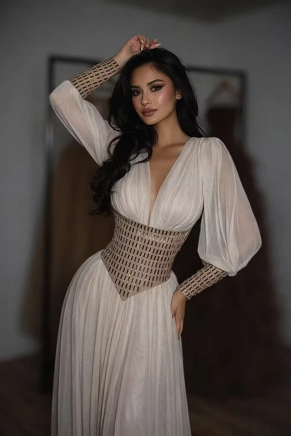 Glamorous V-Neck Long Sleeves Chiffon Evening Dresses Floor Length Gem With Pleats