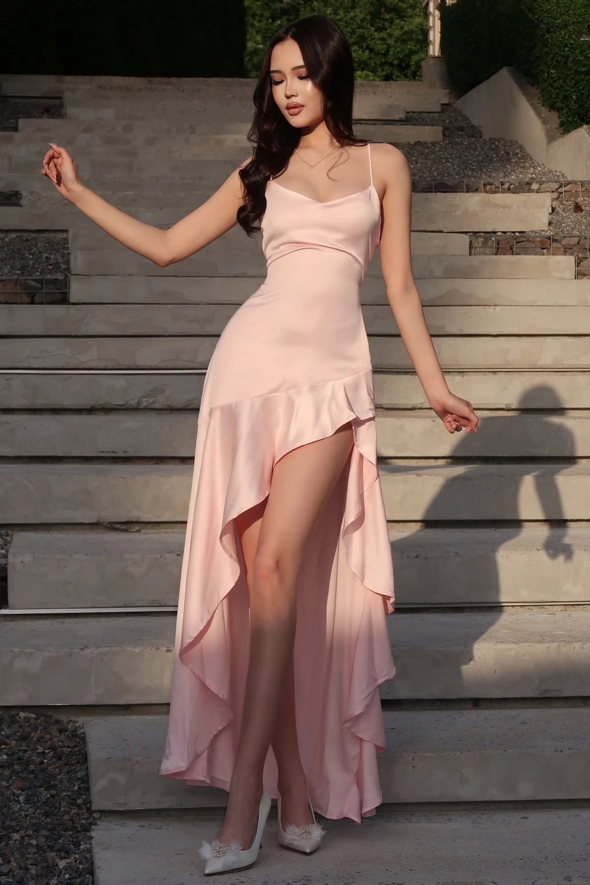 Pretty Pink Spaghetti-Straps Sleeveless Satin Evening Dresses Hi-Lo With Lace-Up Back
