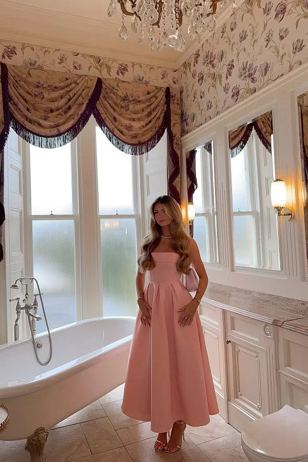 Chic Dusty Rose Strapless Sleeveless Satin A-Line With Zipper Pleats
