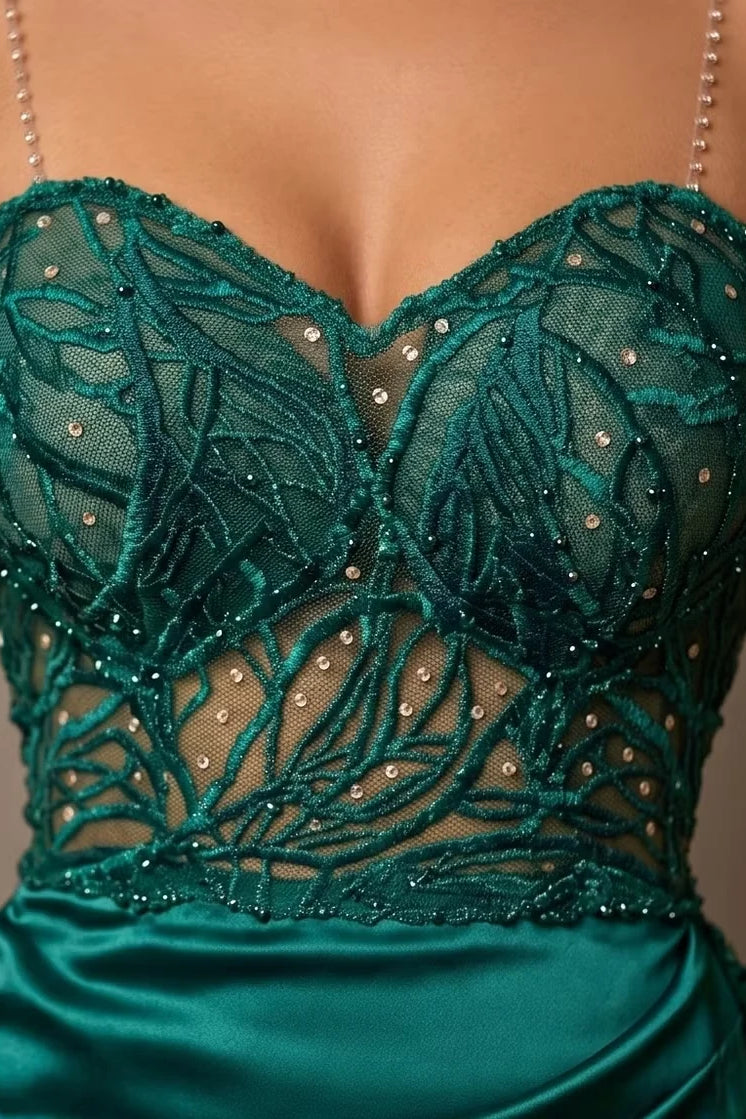 Charming Green Sweetheart Spaghetti-Straps Sleeveless Satin Evening Dresses High Split Gem With Zipper