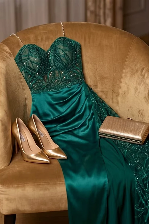 Charming Green Sweetheart Spaghetti-Straps Sleeveless Satin Evening Dresses High Split Gem With Zipper