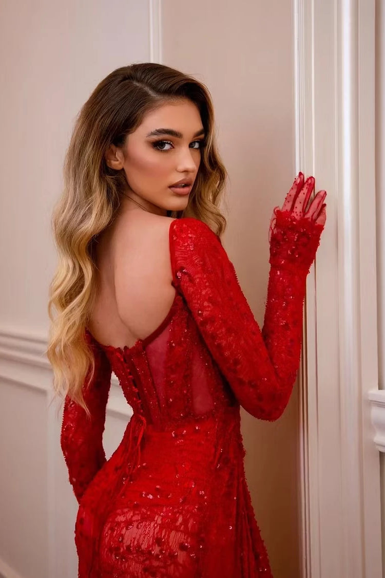 Chic Red Long Sleeves Evening Dresses High Split With Lace-Up Back