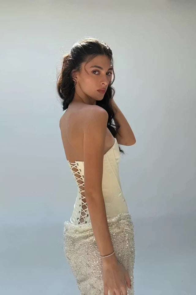 Chic Daffodil Strapless Sleeveless Mermaid Evening Dresses Column With Lace-Up Back