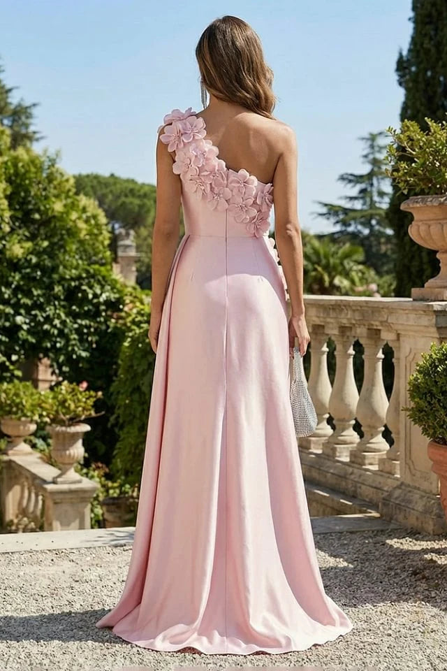 Charming Pink One Shoulder Satin Evening Dresses Mermaid Column With Flower Zipper