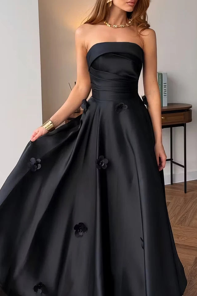 Romantic Black Strapless Sleeveless Satin Evening Dresses A-Line Ankle Length With Pleats
