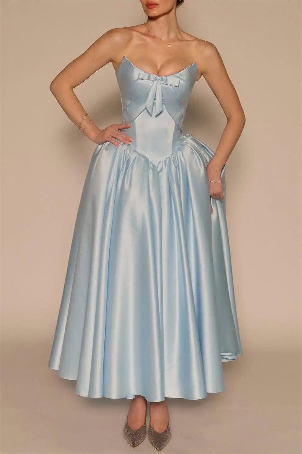 Charming Sky Blue Strapless Sleeveless Satin Evening Dresses Ankle Length Pocket With Lace-Up Back