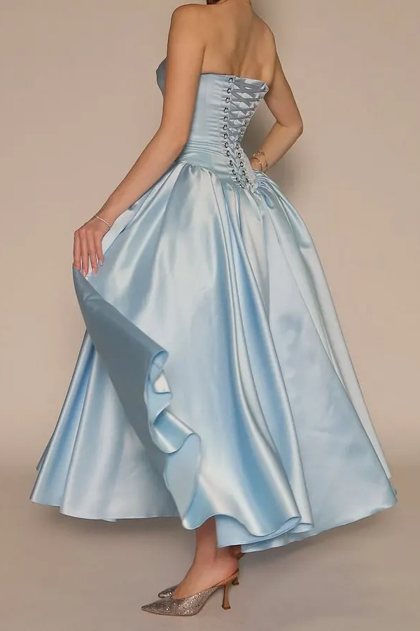 Charming Sky Blue Strapless Sleeveless Satin Evening Dresses Ankle Length Pocket With Lace-Up Back