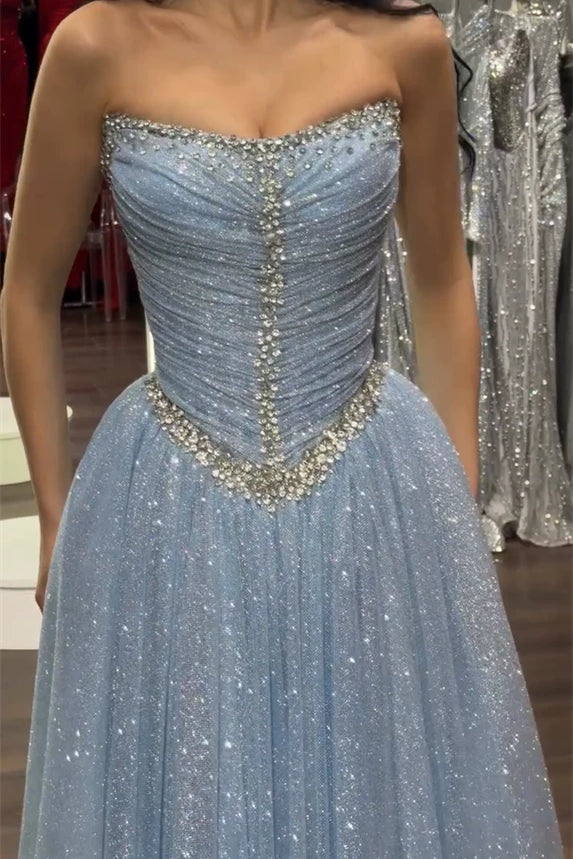 Dazzling Blue Strapless Sleeveless Evening Dresses A-Line Gem With Pleats