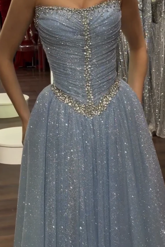 Dazzling Blue Strapless Sleeveless Evening Dresses A-Line Gem With Pleats
