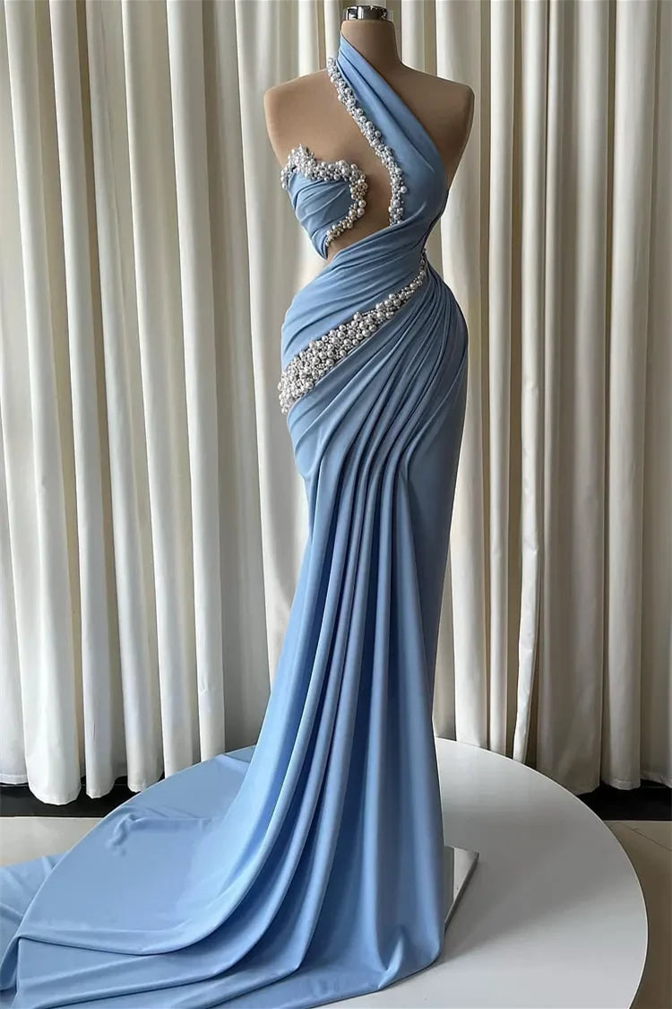 Chic Dusty Blue Asymmetrical Sleeveless Mermaid Satin Evening Dresses Pearls With Pleats