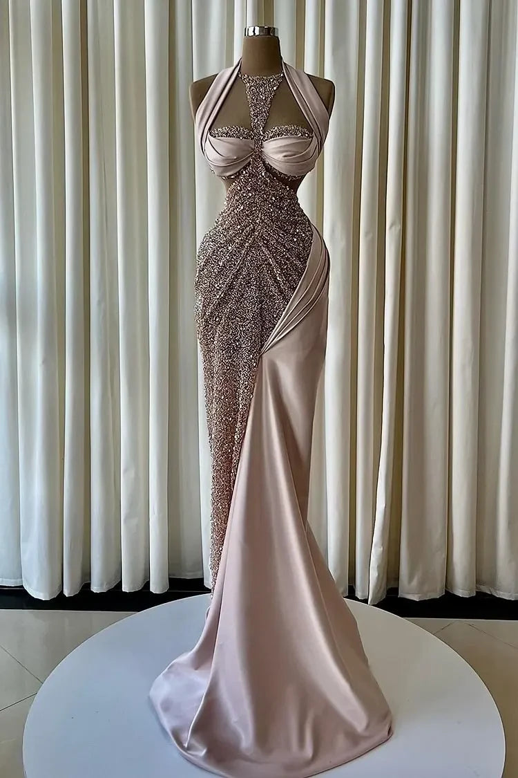 Dazzling Halter Sleeveless Sweetheart Satin Mermaid Evening Dresses Floor Length With Beads