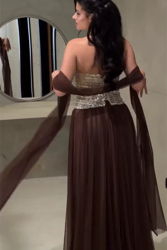 Chic Brown Sweetheart Strapless Sleeveless Chiffon Evening Dresses Gem With Lace-Up Back
