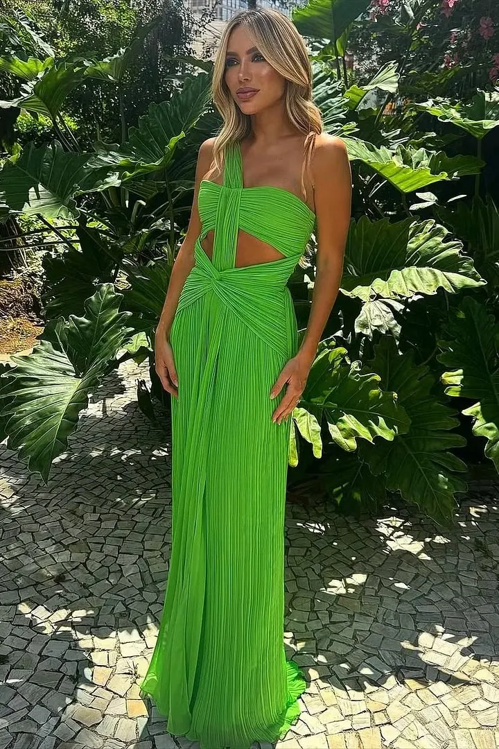 Chic Green Asymmetrical Sleeveless Evening Dresses Floor Length Column With Pleats