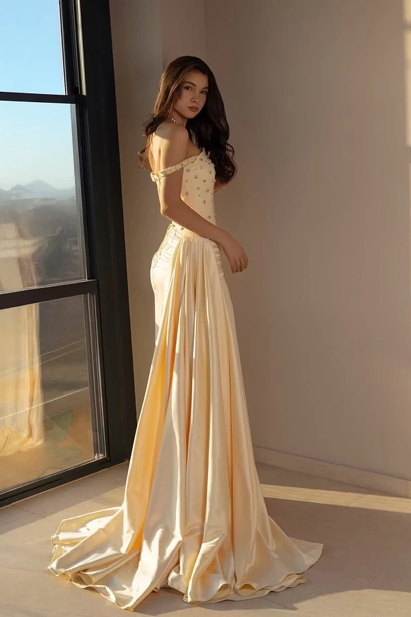 Chic Champagne Off The Shoulder Satin Mermaid Evening Dresses Sheath Gem With Pleats