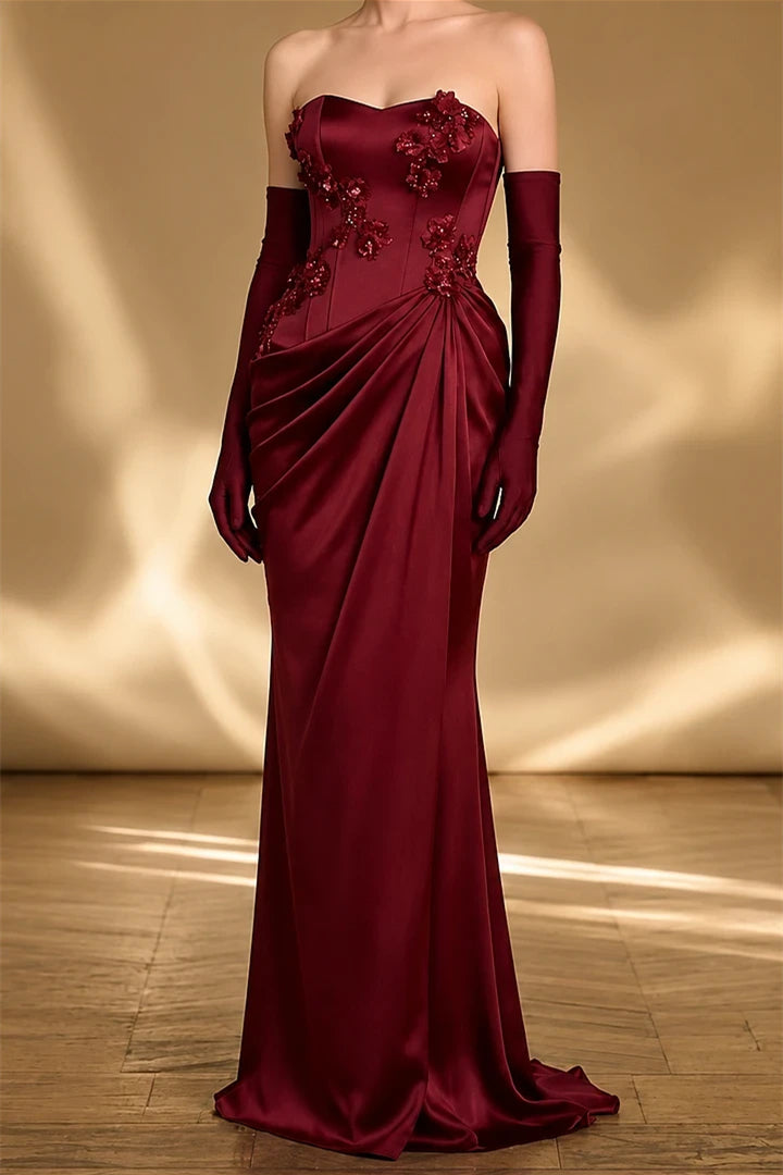 Romantic Dark Red Strapless Mermaid Satin Evening Dresses Floor Length Beads With Zipper Gloves