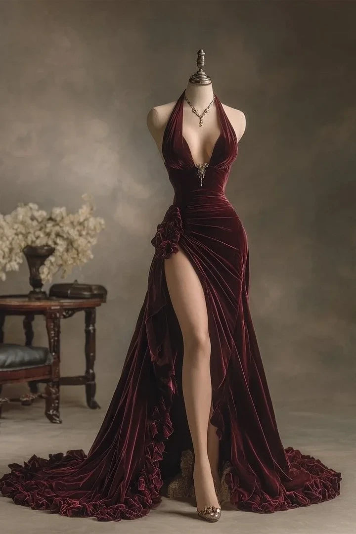Chic V-Neck Sleeveless Velvet Evening Dresses Side Split With Pleats