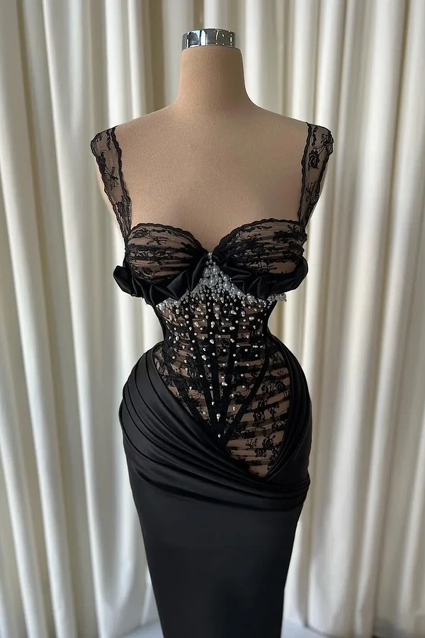 Timeless Black Straps Sweetheart Sleeveless Mermaid Lace Satin Wedding Dresses Pearls With Pleats