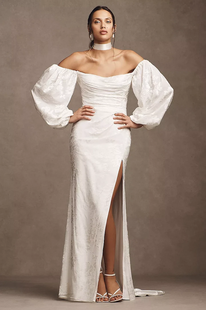 Glamorous Long Sleeves Satin Mermaid Wedding Dresses Sheath With Side Split