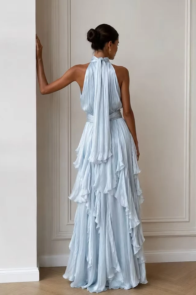 Timeless Dusty Blue Halter Sleeveless Chiffon Wedding Dresses Floor Length With Pleats