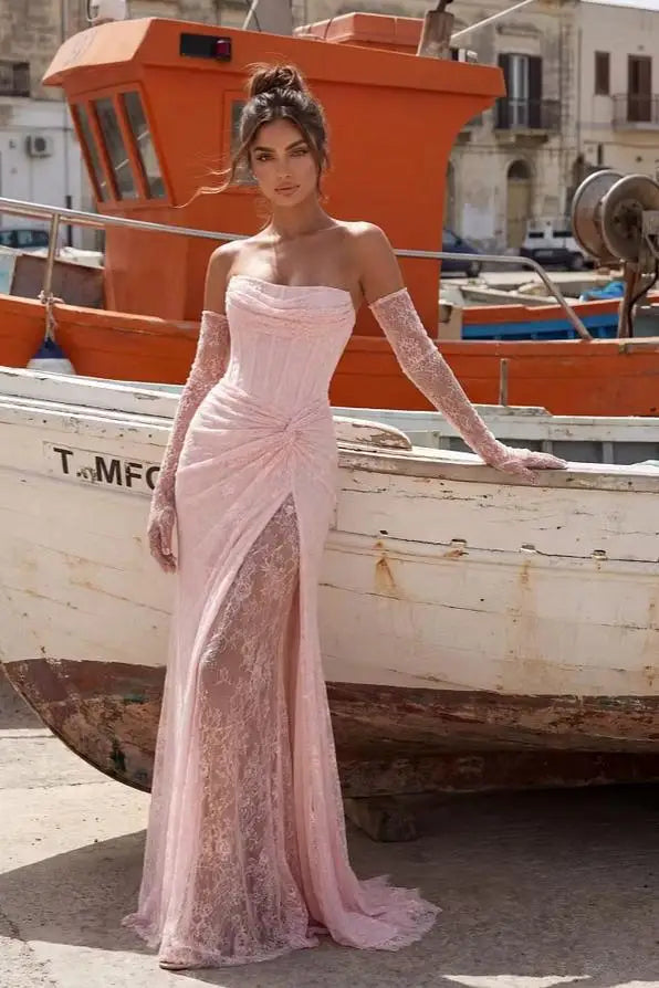 Glamorous Pink Strapless Sleeveless Lace Mermaid Wedding Dresses Sheath With Lace-Up Back