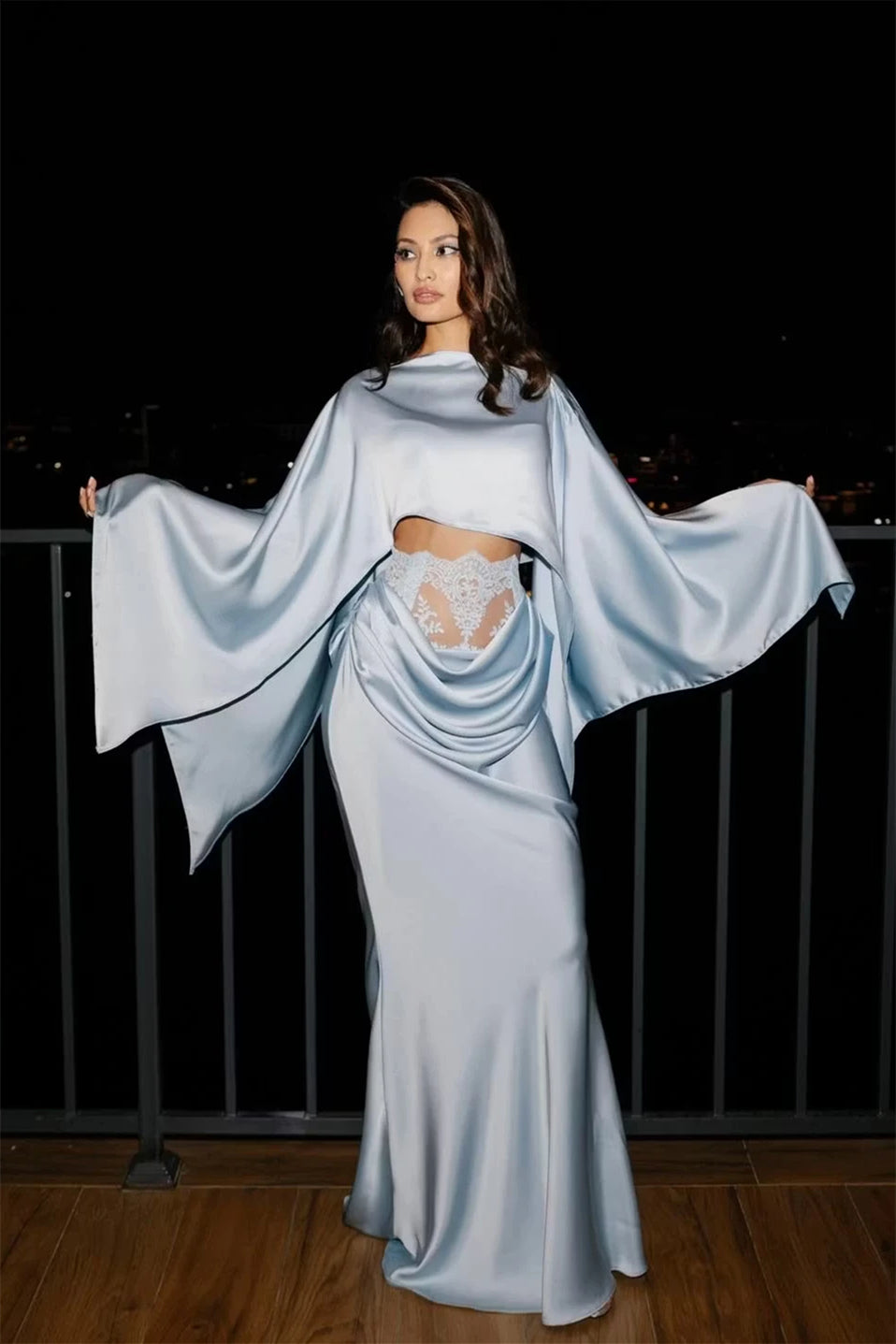 Luxurious Dusty Blue Satin Wedding Dresses Mermaid Floor Length With Pleats